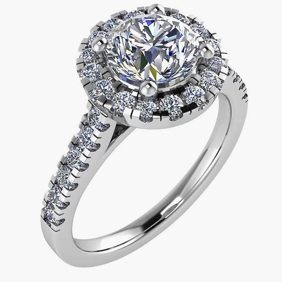 Platinum 950 Round Brilliant Cut Halo & Shoulder Set Diamond Ring 0.60ct - BARRETT JEWELLERY